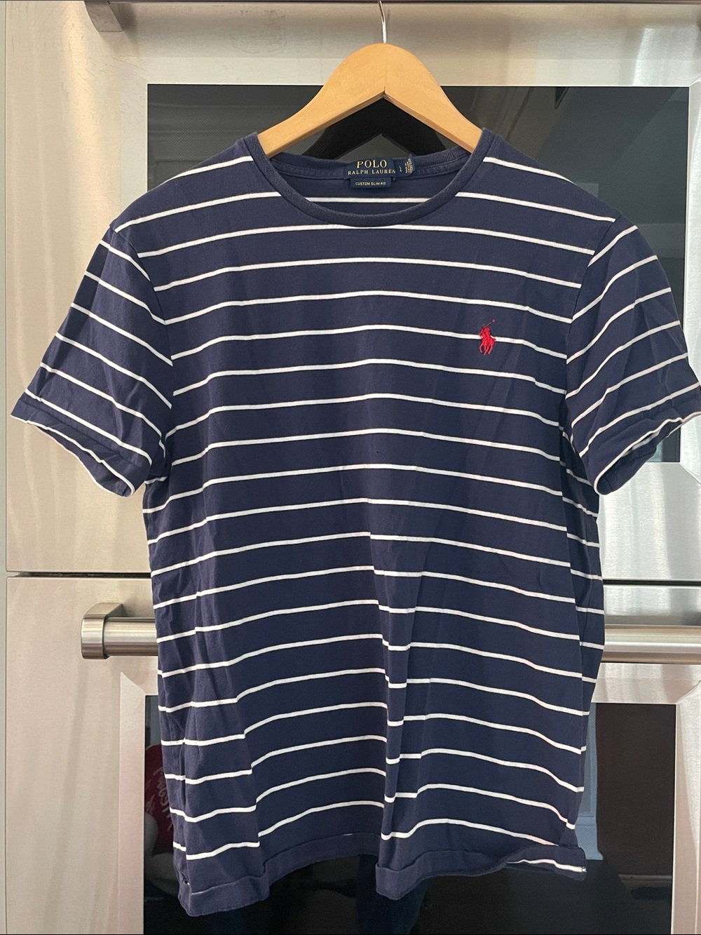 Polo by Ralph Lauren Navy & White Striped Crewneck Tee with Red Pony